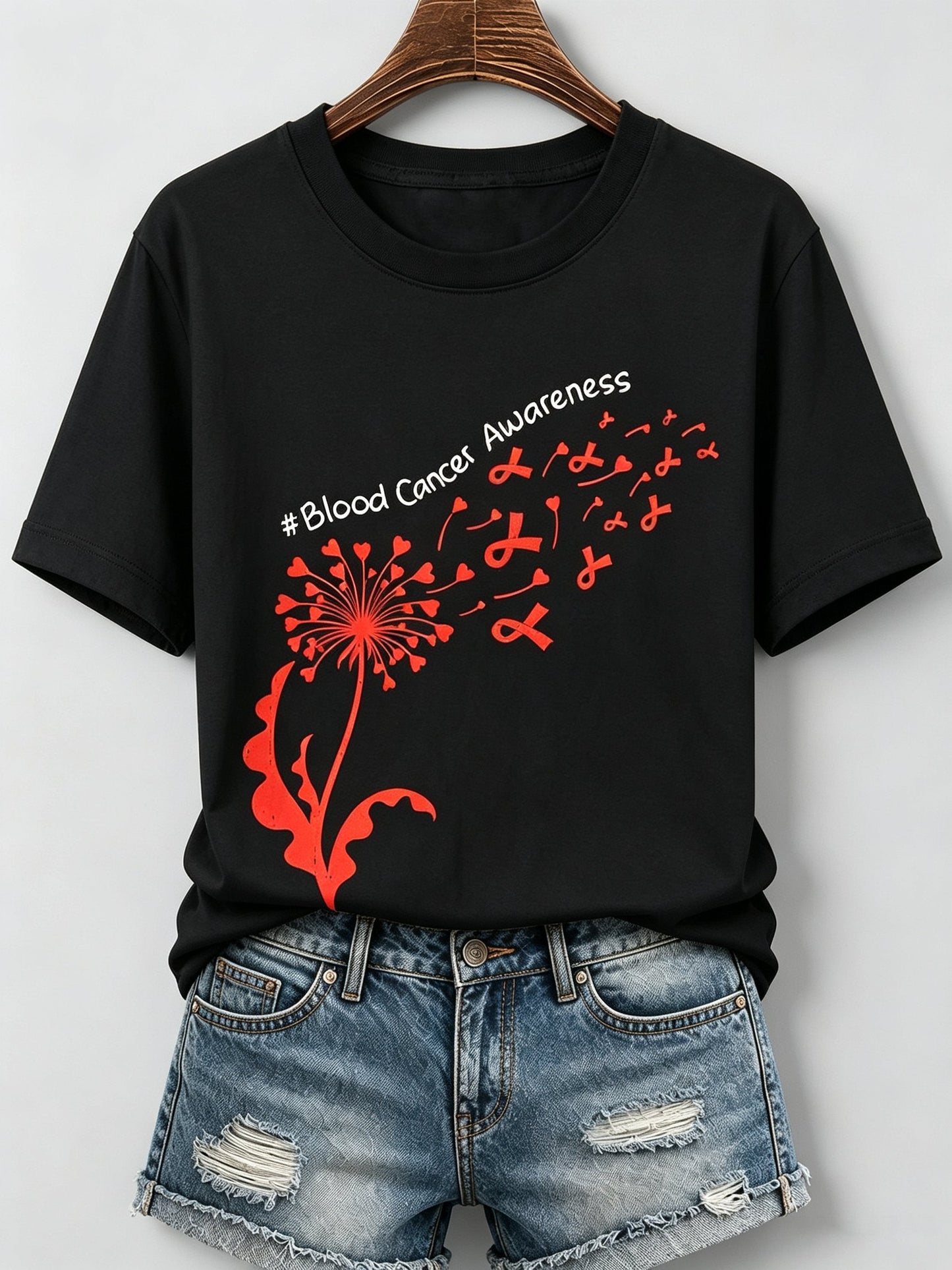 Women'S Blood Cancer Red Ribbon Health Awareness Round Neck T-Shirt