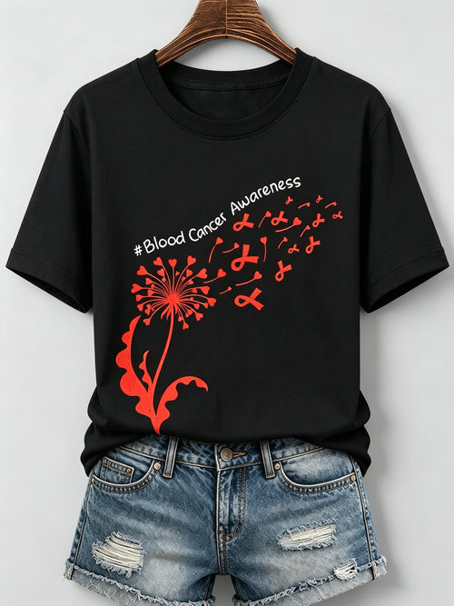 Women'S Blood Cancer Red Ribbon Health Awareness Round Neck T-Shirt