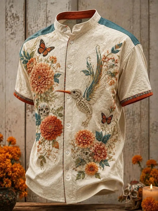Men's Day Of The Dead Hummingbird Skeleton Butterflies And Dahlia Blooms Print Stand Collar Short Sleeve Shirt
