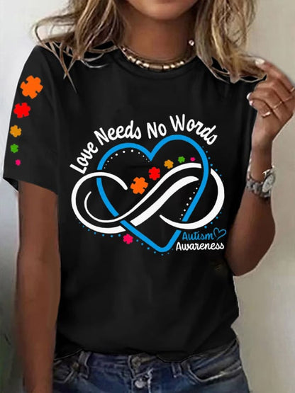 Women's Love Needs No Words Autism Awareness Printed Short-Sleeved T-Shirt