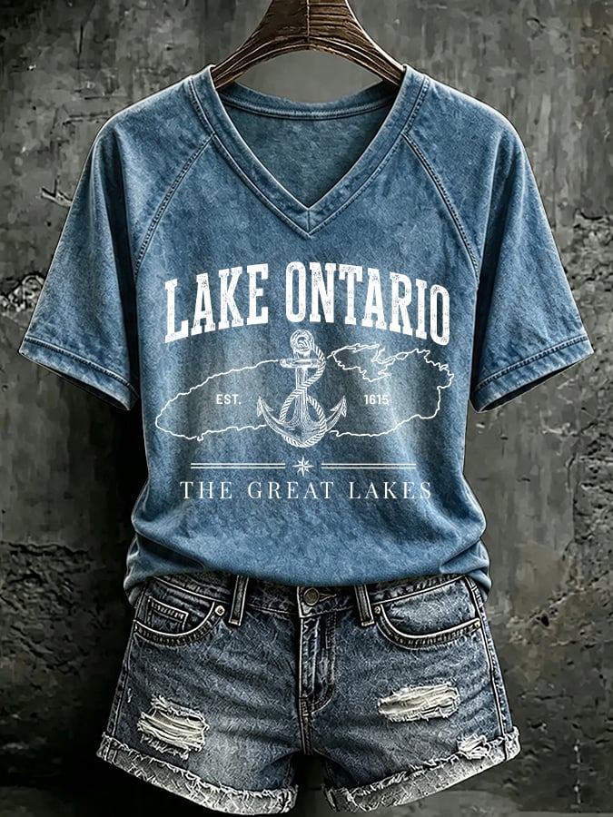 V Neck Retro Lake Ontario Est 1615 The Great Lakes Print T-Shirt