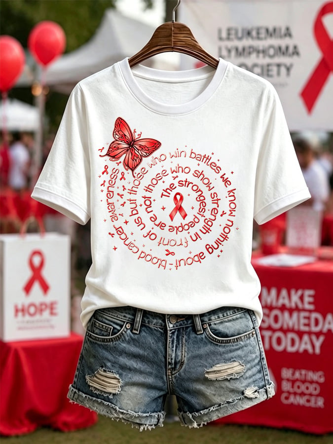 Women'S Blood Cancer Red Ribbon Health Awareness Round Neck T-Shirt