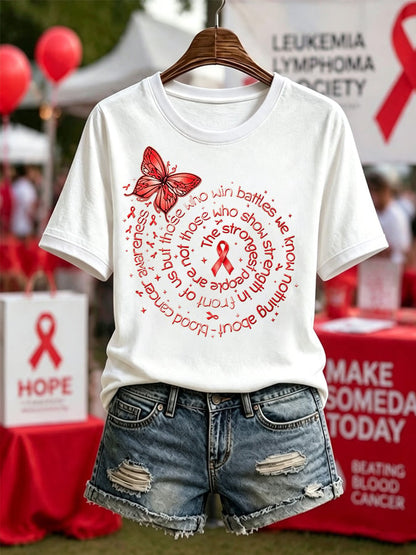 Women'S Blood Cancer Red Ribbon Health Awareness Round Neck T-Shirt