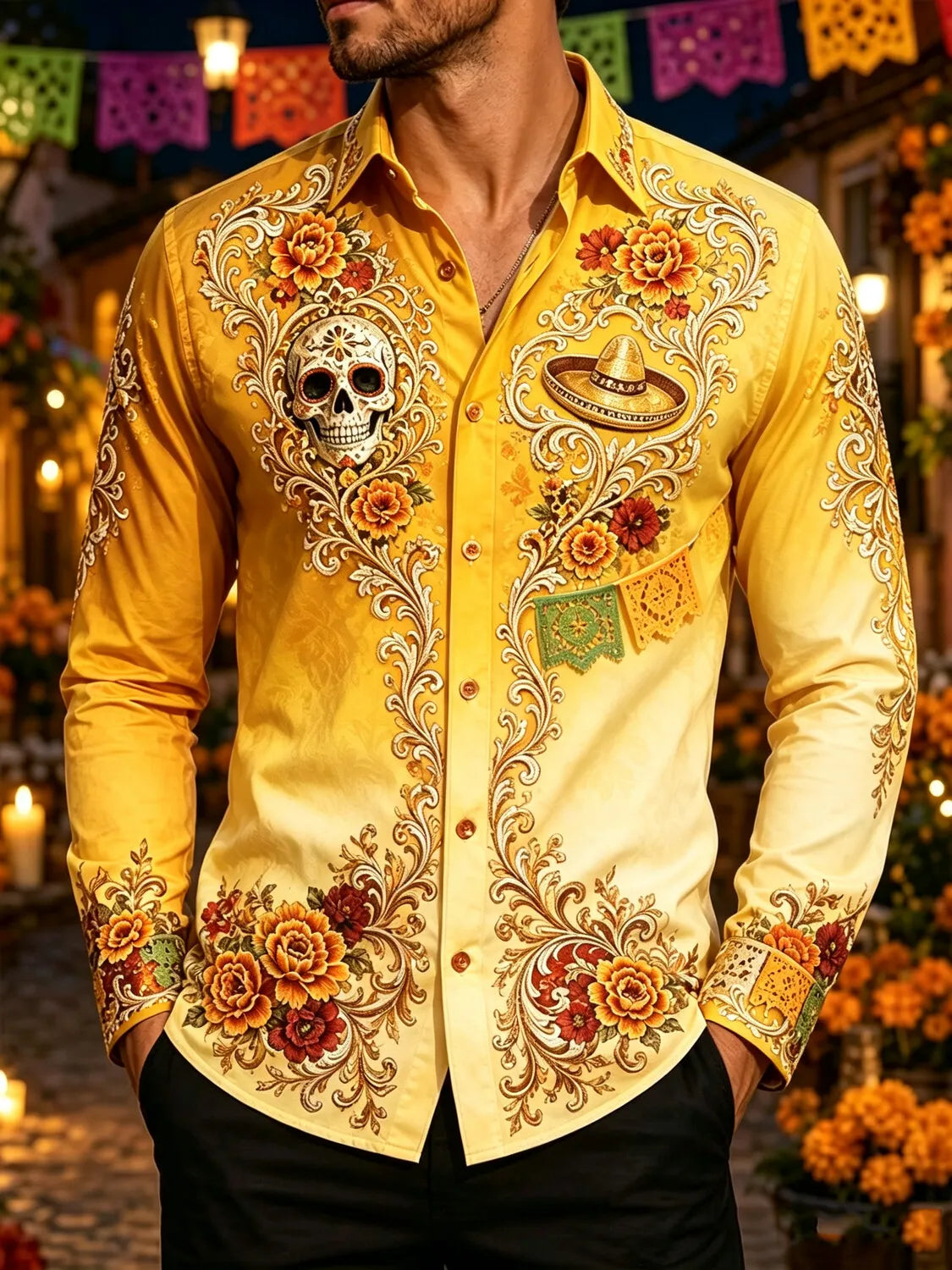 Men's Mexican Day of the Dead Gradient Sugar Skull Sombrero Floral Print Long Sleeve Shirt
