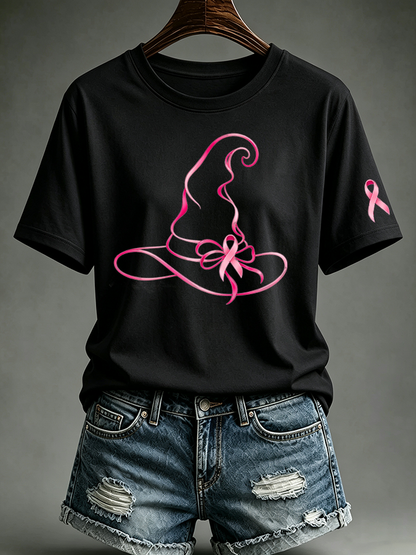 Women's Pink Witch Hat Printed Casual T-Shirt