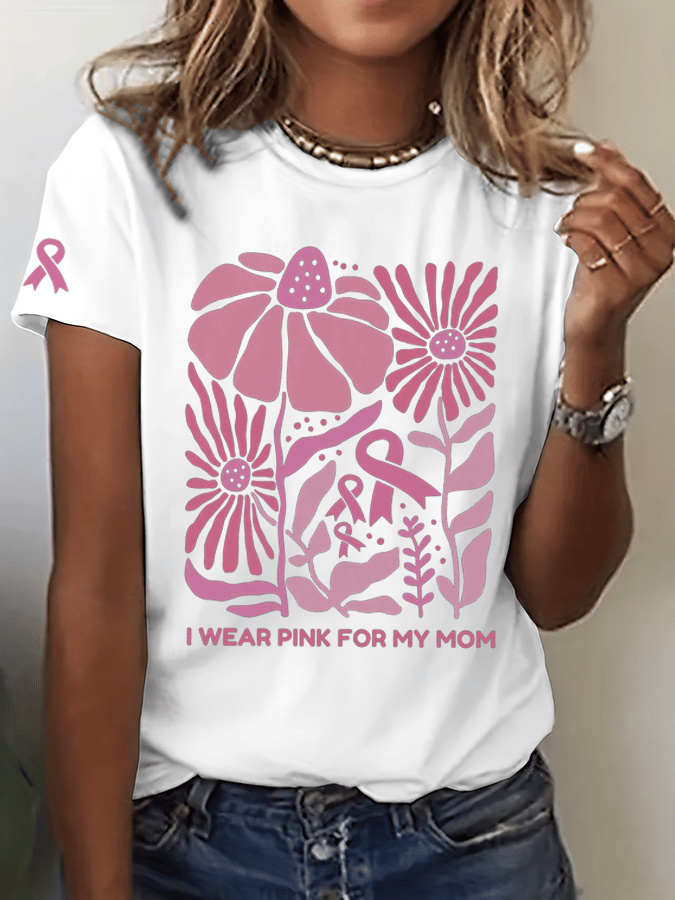 Women's I Wear Pink For My Mom Breast Cancer Awareness Print Crew Neck T-Shirt