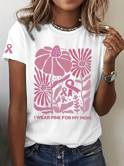 Women's I Wear Pink For My Mom Breast Cancer Awareness Print Crew Neck T-Shirt