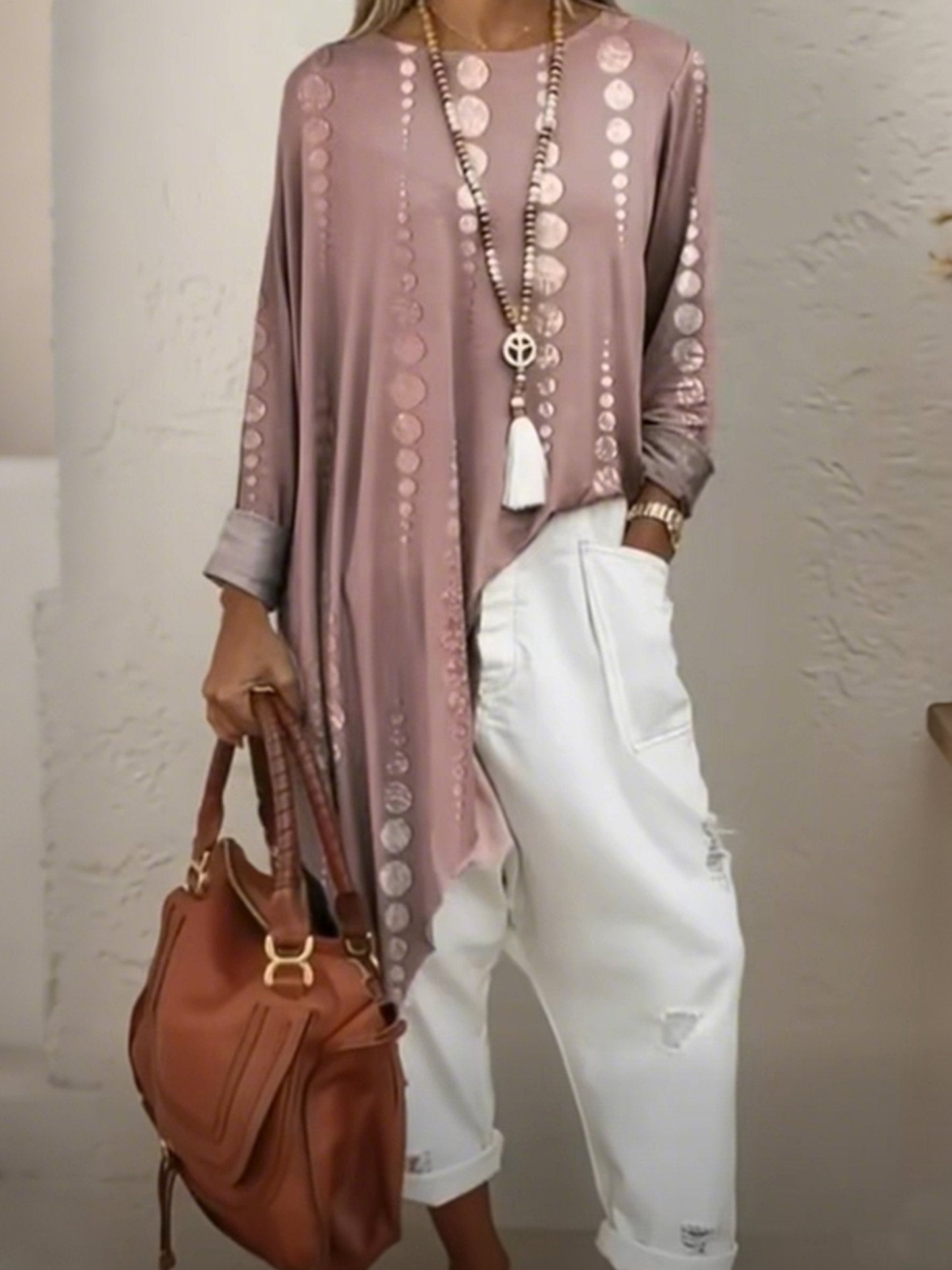 Women's Spring Pink Polka Dot Print Casual Top