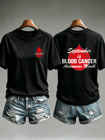 Women's T-shirts with designs promoting awareness of blood cancers