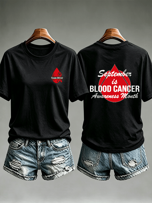 Women's T-shirts with designs promoting awareness of blood cancers