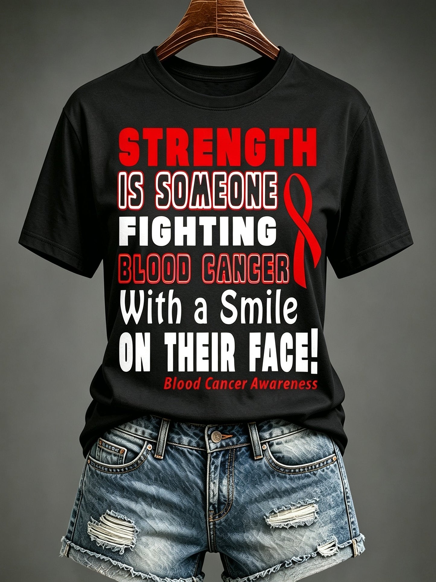 Women'S Blood Cancer Red Ribbon Health Awareness Round Neck T-Shirt