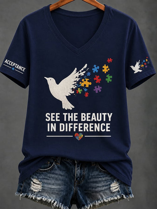 Women'S Casual V-Neck Top With Autism Awareness Print