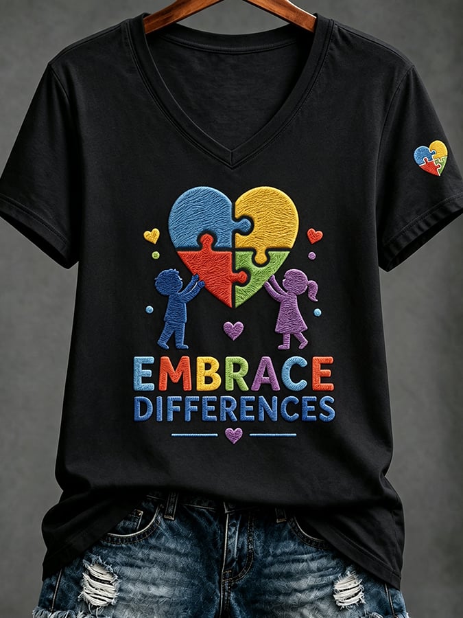 Women'S Casual V-Neck Top With Autism Awareness Print