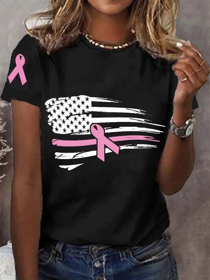 Women's Pink Ribbon Breast Cancer Awareness American Flag Tee