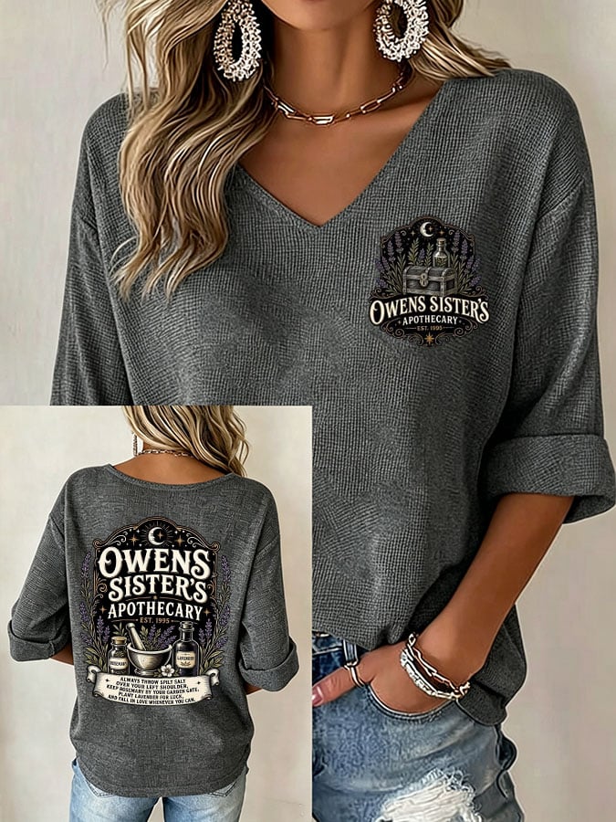 Women's Owens Sisters Apothecary Witch Print V Neck Top