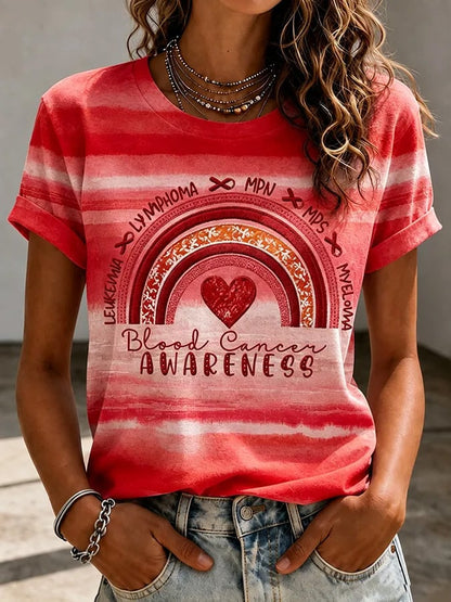 Women'S Blood Cancer Red Ribbon Health Awareness Round Neck T-Shirt