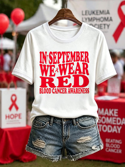 Women'S Blood Cancer Red Ribbon Health Awareness Round Neck T-Shirt