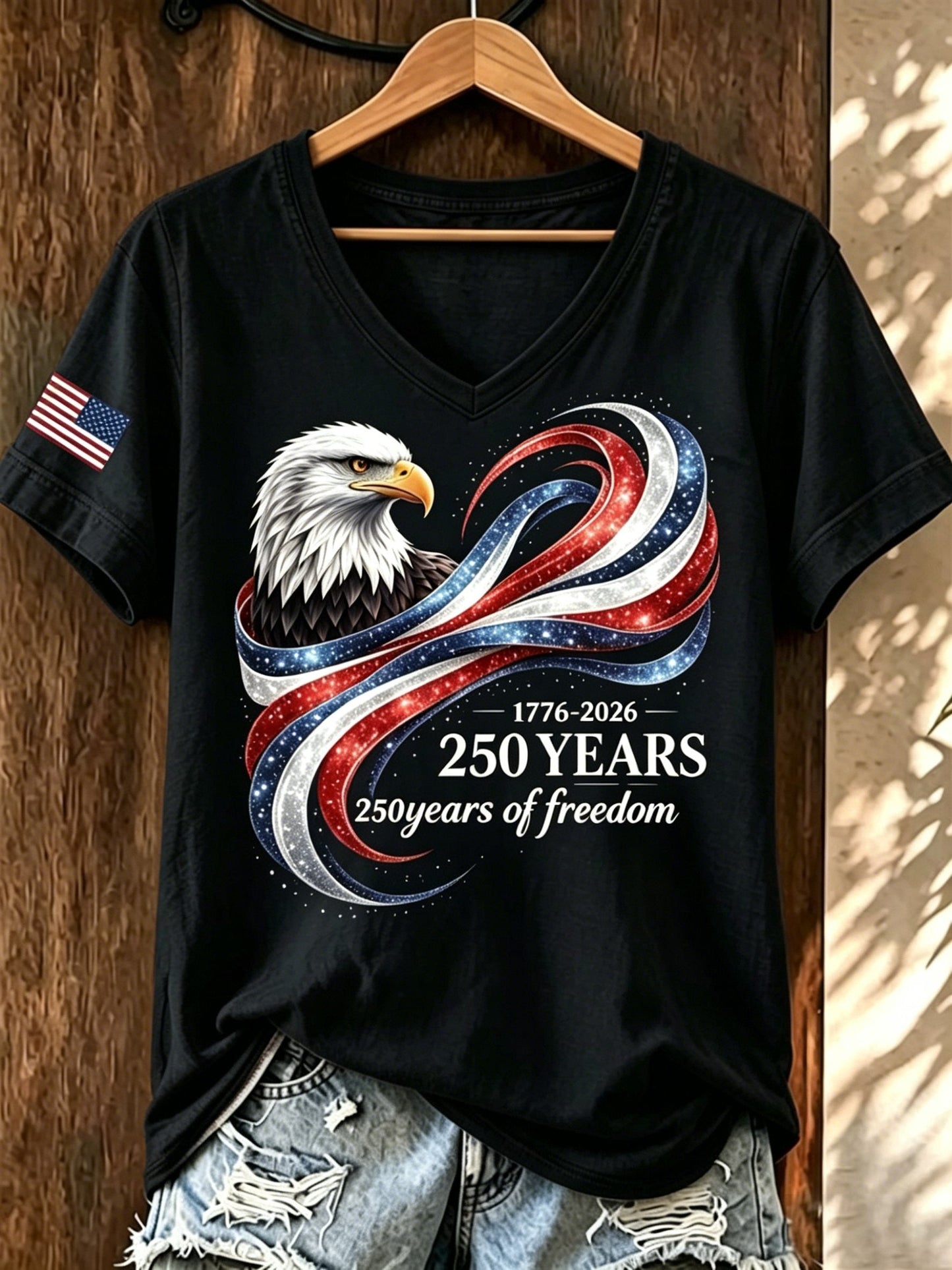 Women's American 250th Anniversary Print Casual V-Neck T-Shirt
