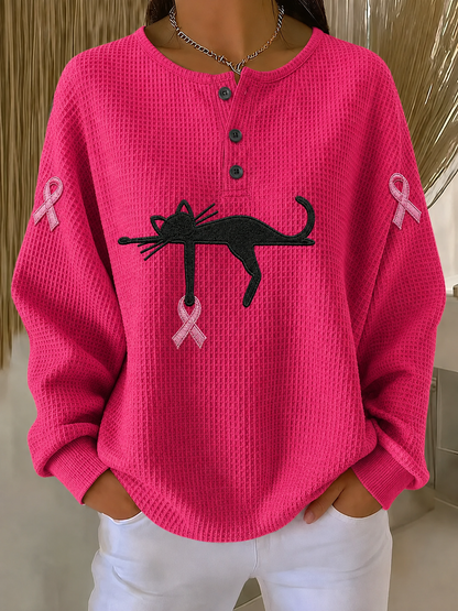 Women'S Pink Ribbon Cat Print Breast Cancer Awareness Casual Pattern Top