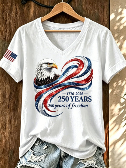 Women's American 250th Anniversary Print Casual V-Neck T-Shirt