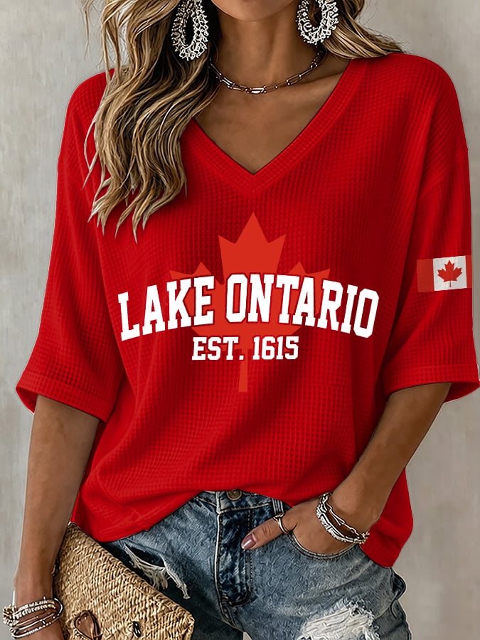 V-Neck Retro Lake Ontario Est. 1615 Canadian Lake Print T-Shirt