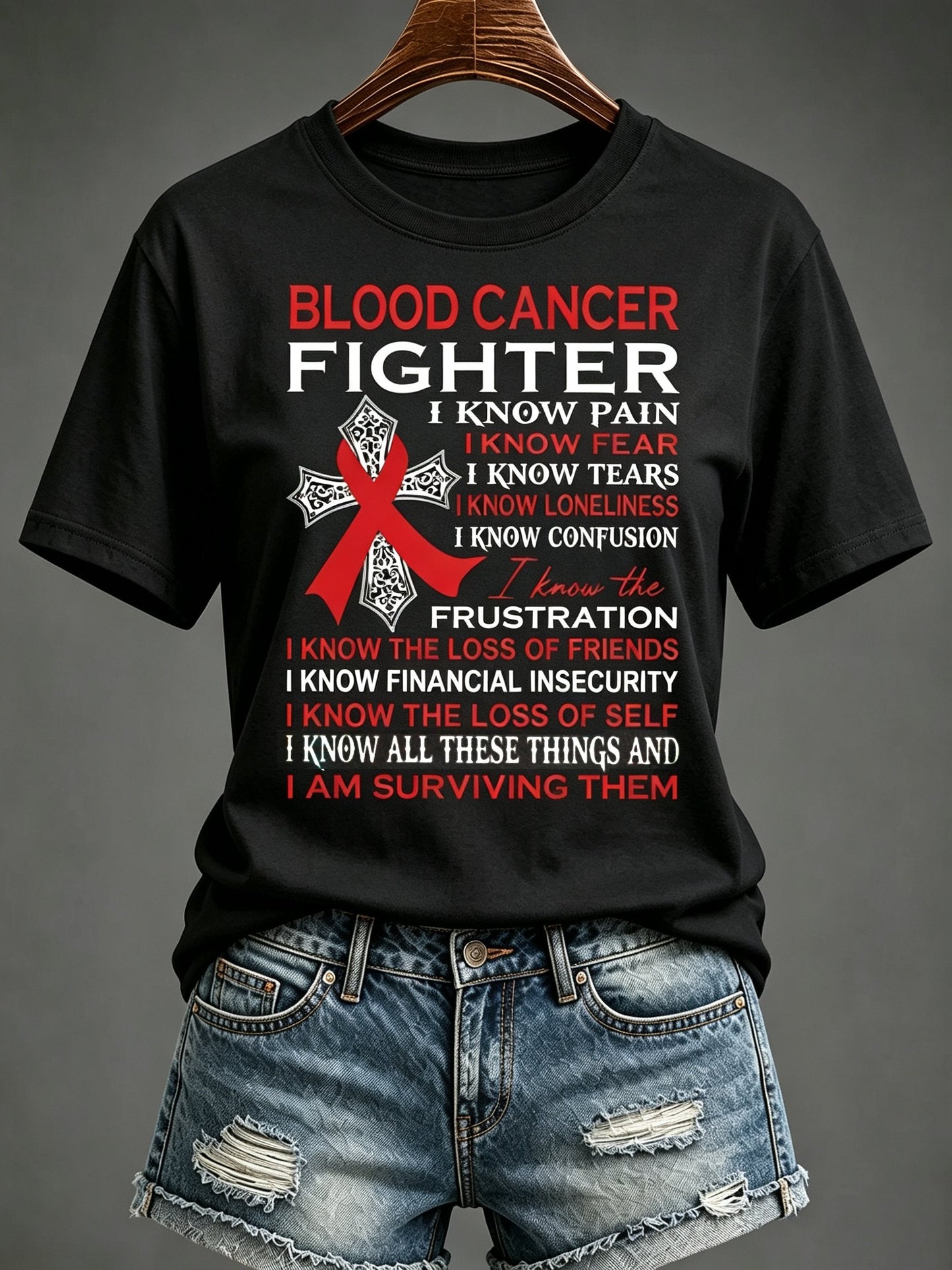 Women'S Blood Cancer Red Ribbon Health Awareness Round Neck T-Shirt