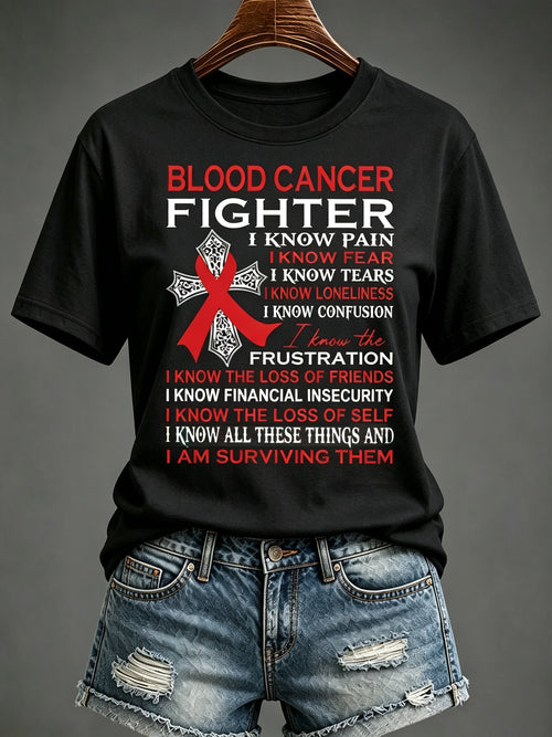 Women'S Blood Cancer Red Ribbon Health Awareness Round Neck T-Shirt