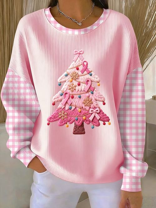 Women's Breast Cancer Christmas Print Knit Crew Neck Long Sleeve Top