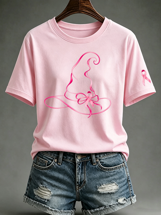 Women's Pink Witch Hat Printed Casual T-Shirt