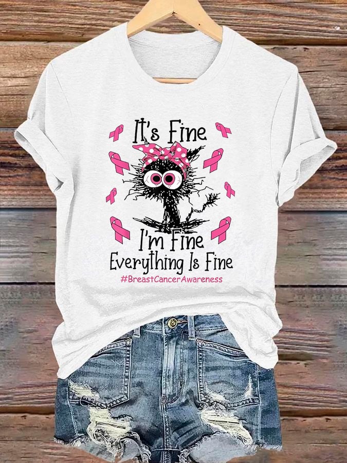 Women's Black Cat Pink Headband Breast Cancer Awareness T-shirt