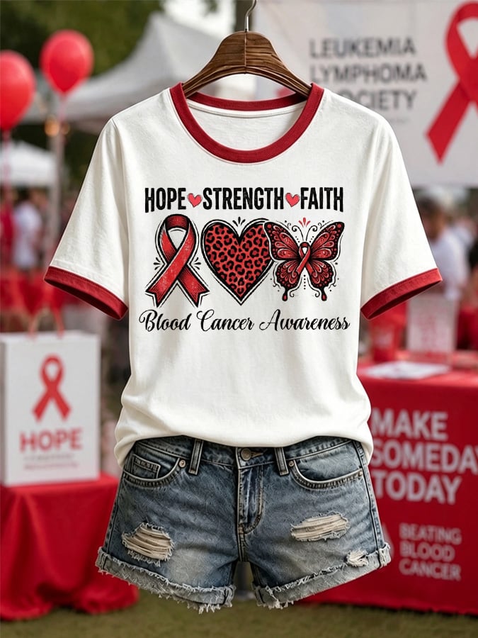 Women'S Blood Cancer Red Ribbon Health Awareness Round Neck T-Shirt