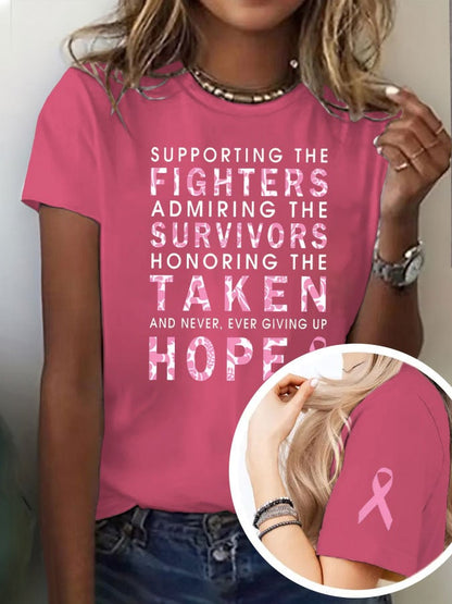Women's Breast Cancer Awareness Motivational Slogan Printed Crew Neck T-Shirt