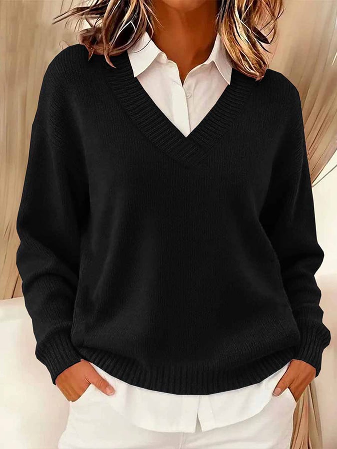 Women's Casual V-neck Long-sleeved Sweater