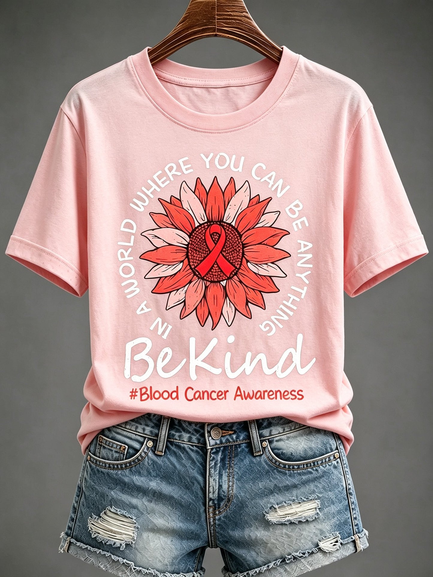 Women'S Blood Cancer Red Ribbon Health Awareness Round Neck T-Shirt