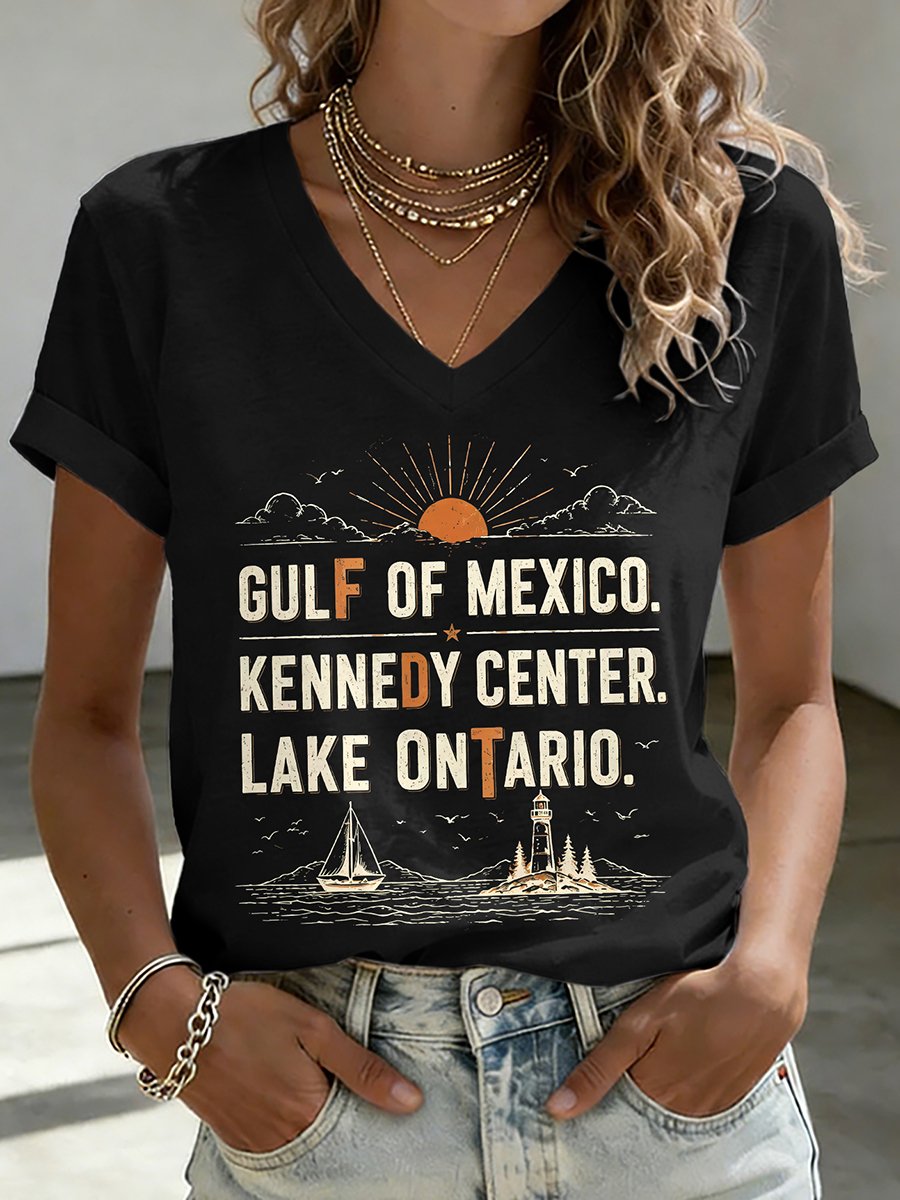 V-Neck Retro FDT Gulf Of Mexico. Kennedy Center. Lake Ontario. Print T-Shirt