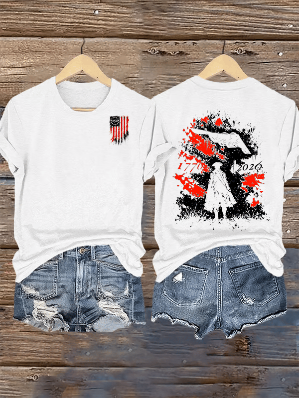 Women's  Round-Neck 250 US Flag Print T-Shirt