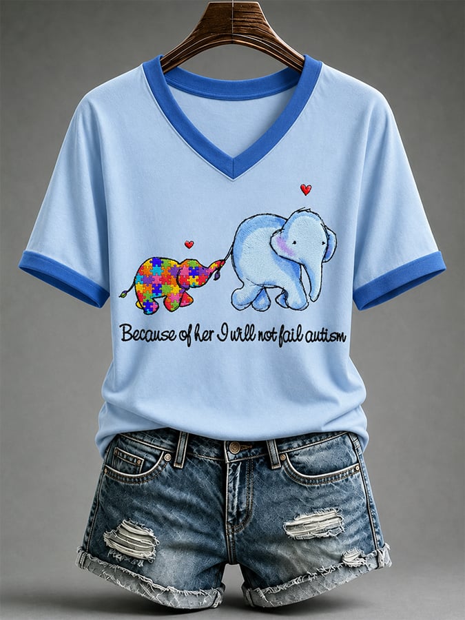 Women'S Casual V-Neck Top With Autism Awareness Print
