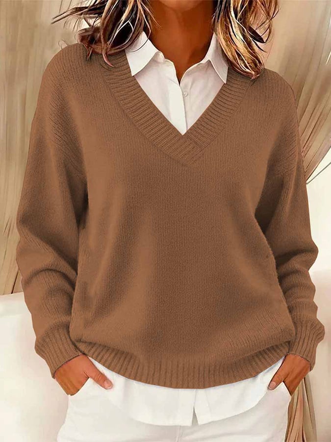 Women's Casual V-neck Long-sleeved Sweater
