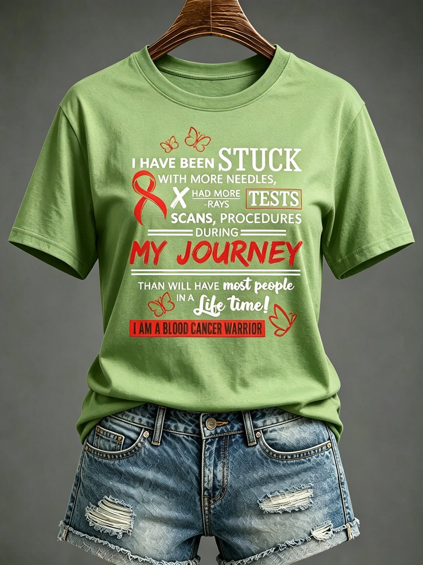 Women'S Blood Cancer Red Ribbon Health Awareness Round Neck T-Shirt