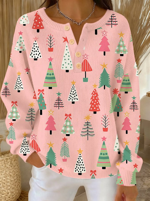 Women's Christmas Print Knit Button Top