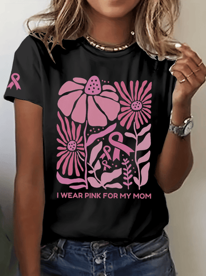Women's I Wear Pink For My Mom Breast Cancer Awareness Print Crew Neck T-Shirt