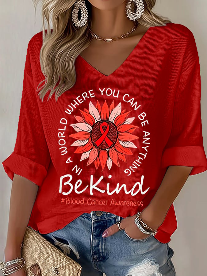 Women's Blood Cancer Red Ribbon Health Awareness Casual Printed Waffle Top