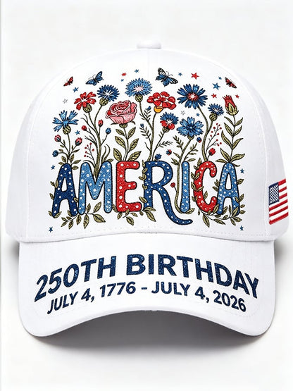 Unisex 250th Anniversary America 1776-2026 Flower Art Print Casual Hat