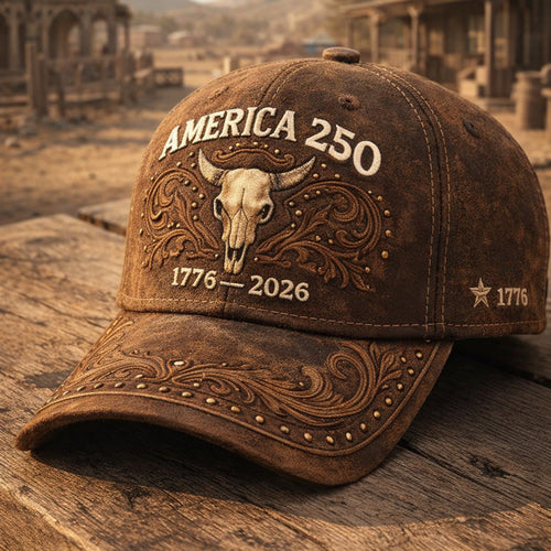 America 250th Anniversary Vintage Leather Baseball Cap – 1776–2026 Western Embossed Bull Skull Cowboy Hat