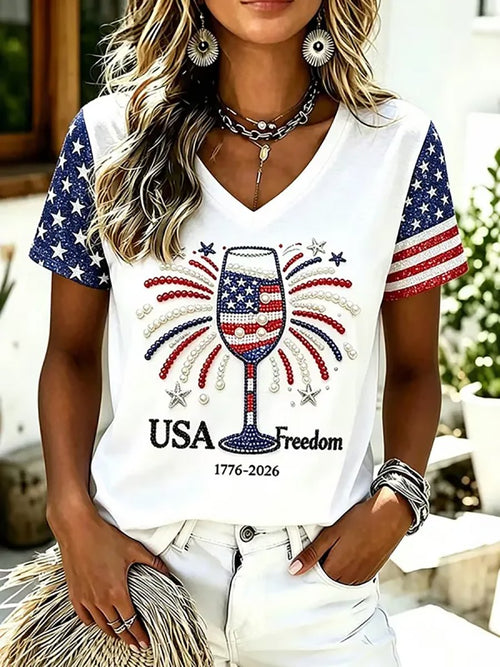 Women's U.S. 250th Anniversary Commemorative Printed Casual V-Neck Top