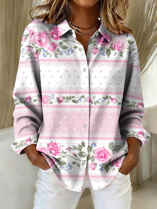 Women's Vintage Pink Striped Floral Print Casual Lapel Shirt