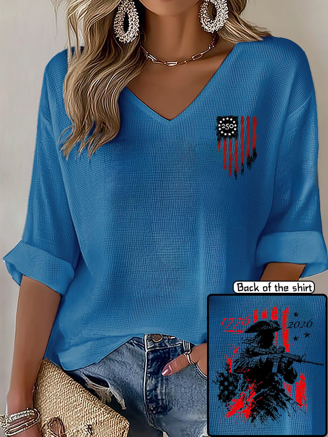 V-Neck 250th Anniversary Distressed American Flag 2-sided Print T-Shirt