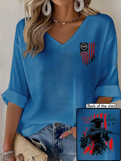 V-Neck 250th Anniversary Distressed American Flag 2-sided Print T-Shirt