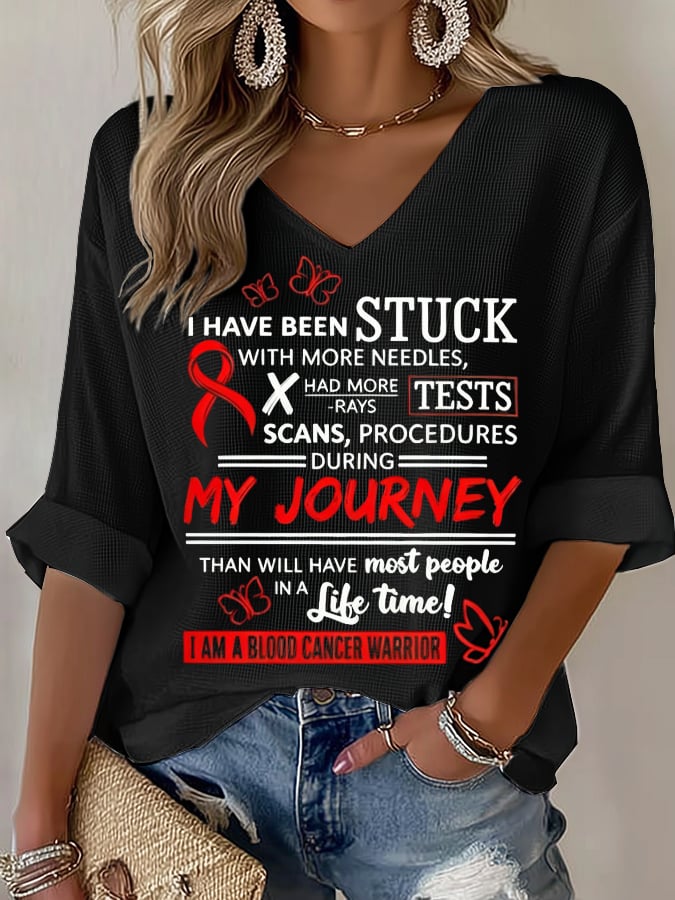 Women's Blood Cancer Red Ribbon Health Awareness Casual Printed Waffle Top