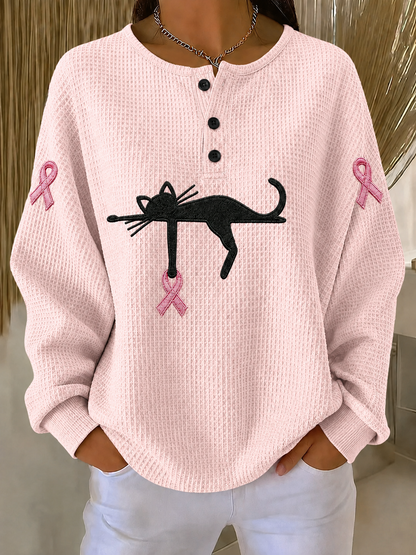 Women'S Pink Ribbon Cat Print Breast Cancer Awareness Casual Pattern Top